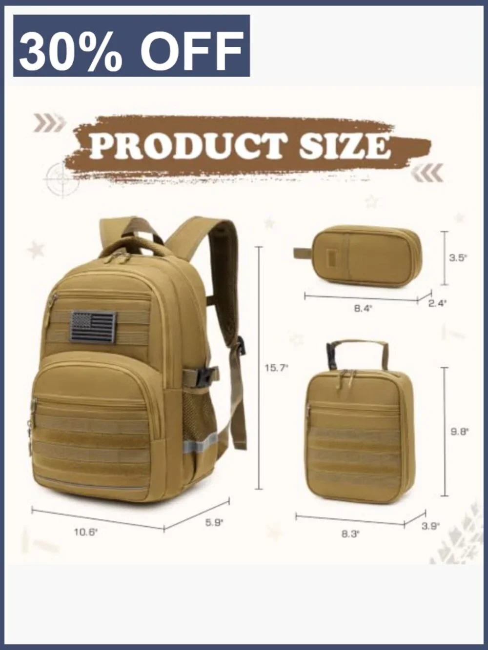 Kids Tactical Backpack Set with Lunch Box and Pencil Case, 3PC, Black